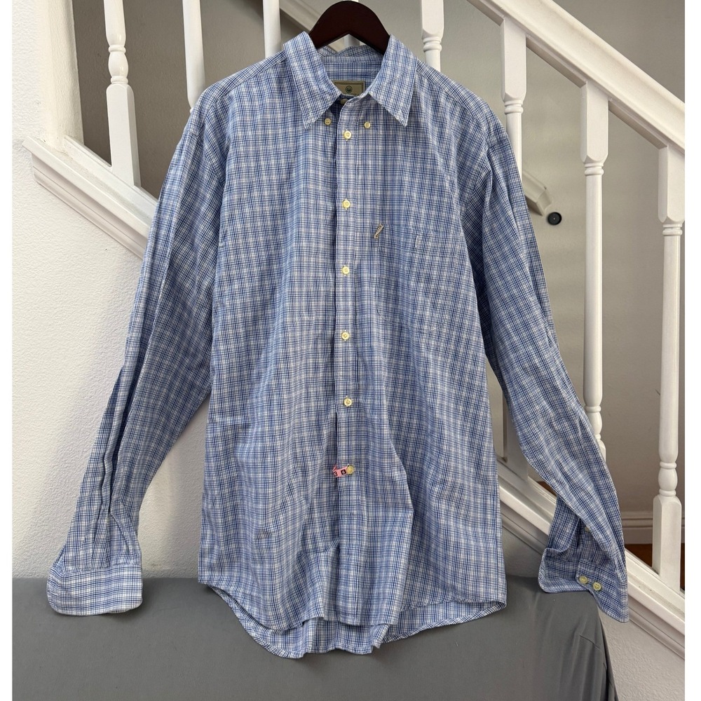 Beretta‎ Mens XL Blue White Plaid Cotton Button Down Shirt Long Sleeve